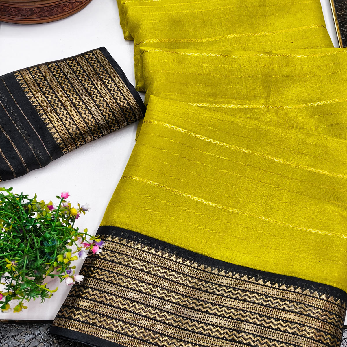 Lemon Yellow Jacquard Saree With Contemporary Striped Pattern Accented By Rich Zari Weaving