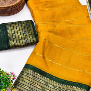 Mustard Jacquard Saree With Contemporary Striped Pattern Accented By Rich Zari Weaving