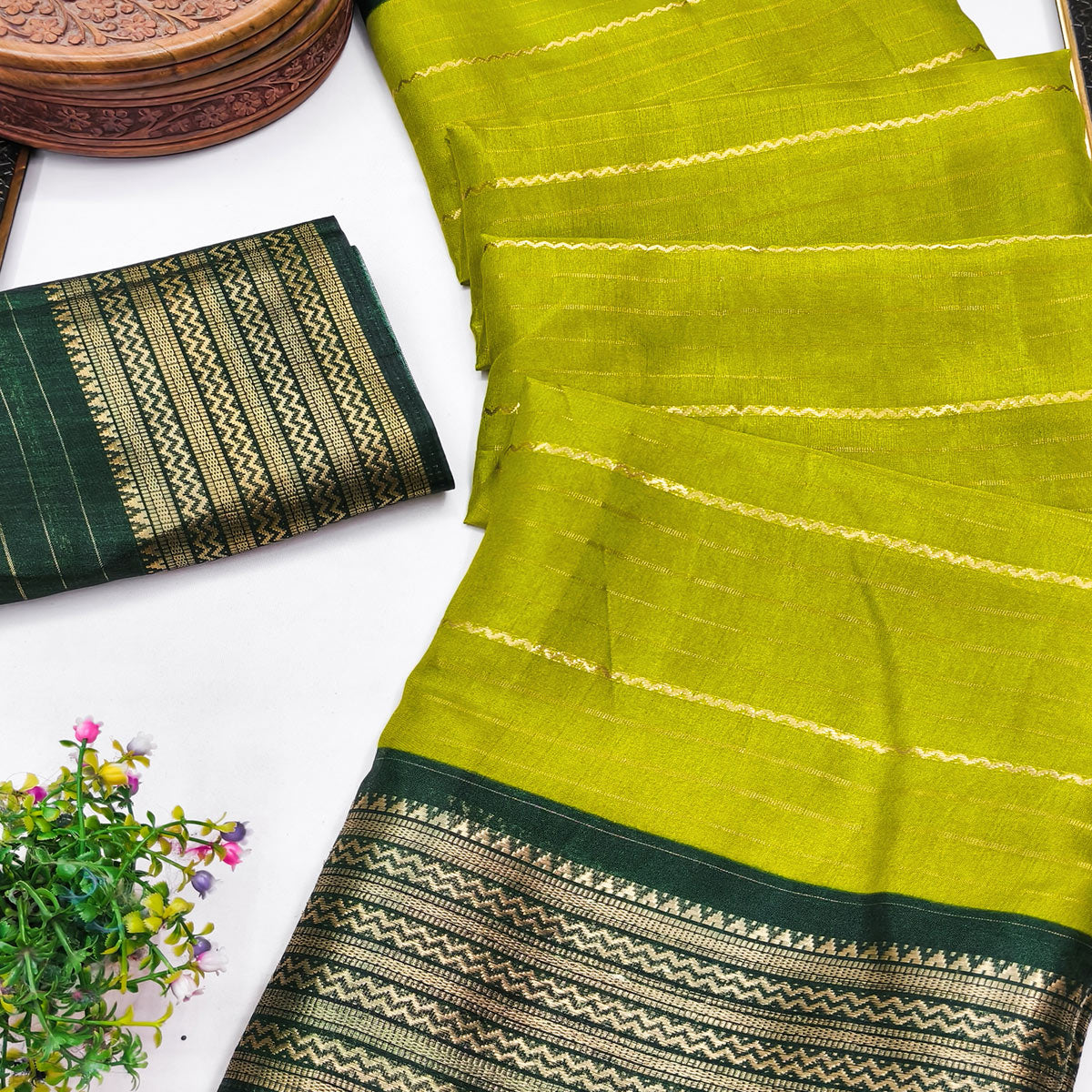 Parrot Green Jacquard Saree With Contemporary Striped Pattern Accented By Rich Zari Weaving