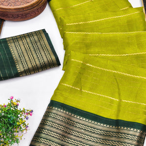 Parrot Green Jacquard Saree With Contemporary Striped Pattern Accented By Rich Zari Weaving