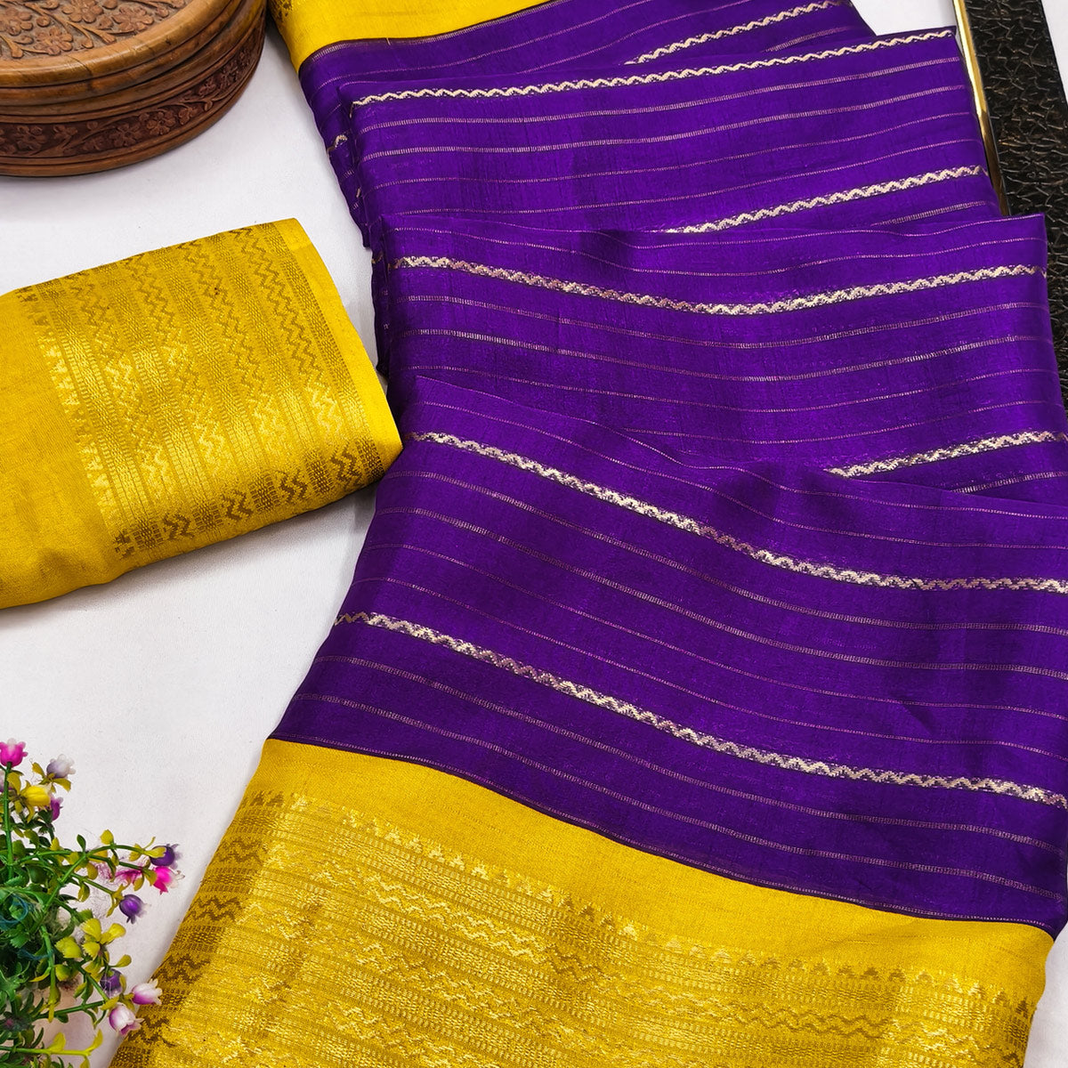 Purple Jacquard Saree With Contemporary Striped Pattern Accented By Rich Zari Weaving