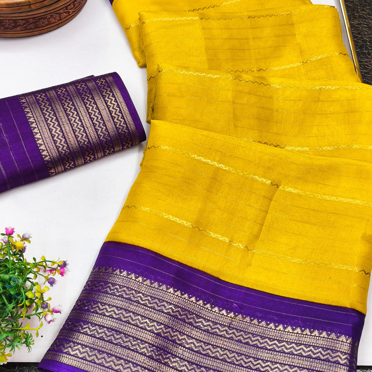 Yellow Jacquard Saree With Contemporary Striped Pattern Accented By Rich Zari Weaving