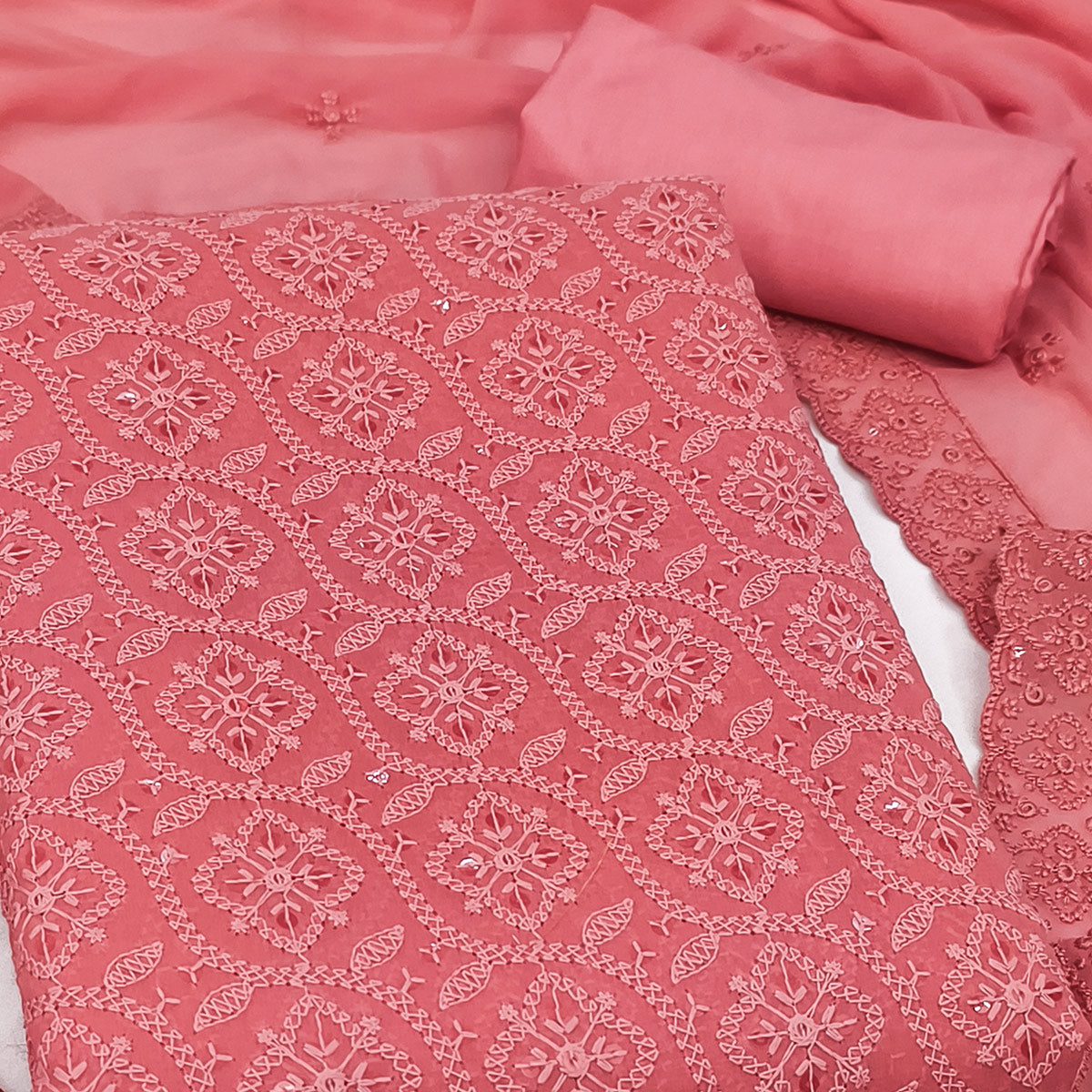 Stunning Coral Pink Floral Embroidery With Sparkling Sequins Work Georgette Dress Material