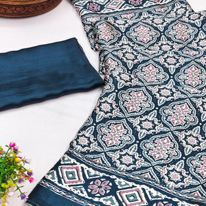 Charming Morpich Blue Mill Printed Crepe Silk Saree Adorned With Vibrant Floral Design