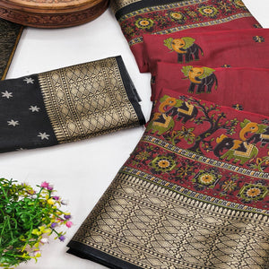 Majestic Maroon Elephant & Floral Printed Dola Silk Saree Featuring Intricate Weaving Border