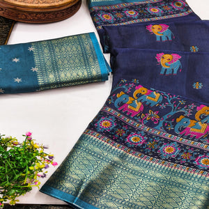 Majestic Navy Blue Elephant & Floral Printed Dola Silk Saree Featuring Intricate Weaving Border