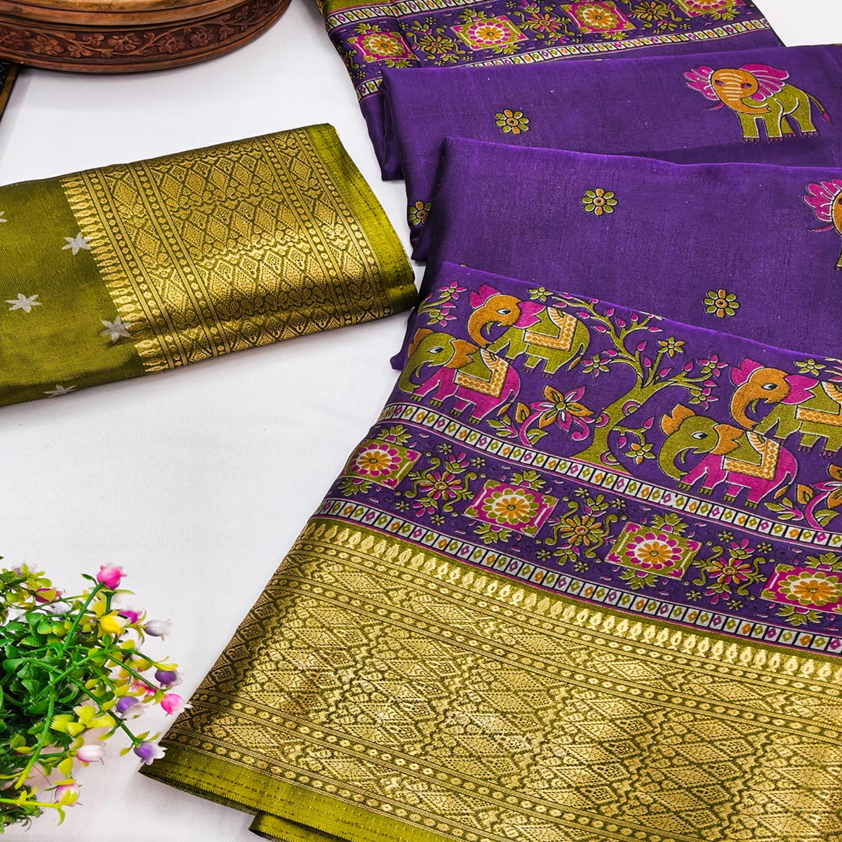 Majestic Purple Elephant & Floral Printed Dola Silk Saree Featuring Intricate Weaving Border