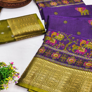 Majestic Purple Elephant & Floral Printed Dola Silk Saree Featuring Intricate Weaving Border