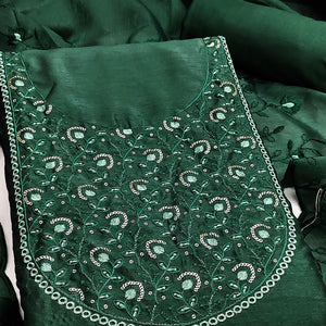 Beautiful Green Art Silk Unstitched Suit Material Decorated with Fine Floral Embroidery Work