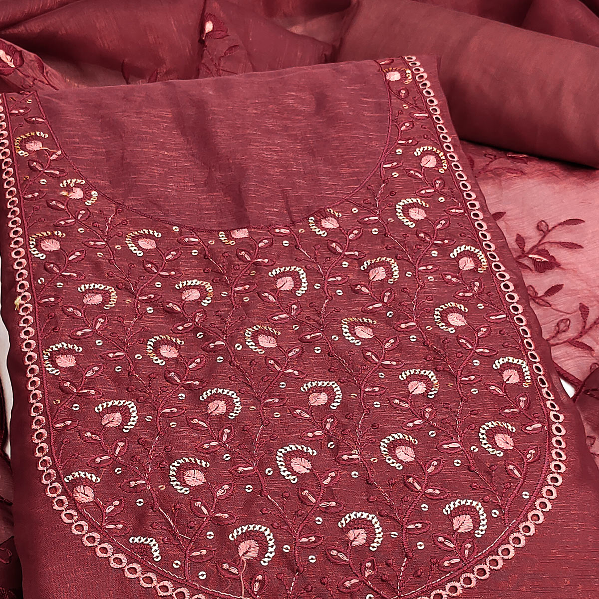 Beautiful Maroon Art Silk Unstitched Suit Material Decorated with Fine Floral Embroidery Work