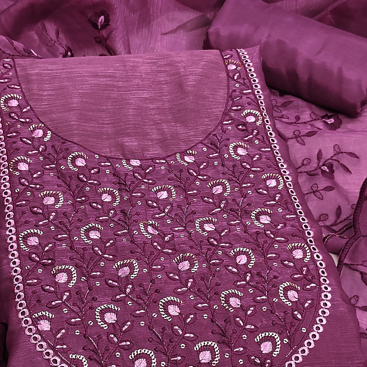 Beautiful Purple Art Silk Unstitched Suit Material Decorated with Fine Floral Embroidery Work