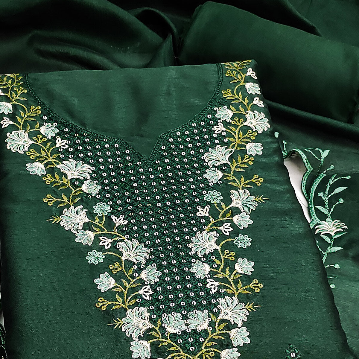 Green Floral Embroidered Art Silk Suit Material Ideal for Festive and Celebration Looks