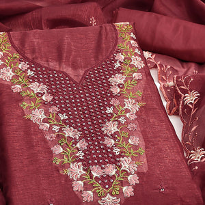 Maroon Floral Embroidered Art Silk Suit Material Ideal for Festive and Celebration Looks