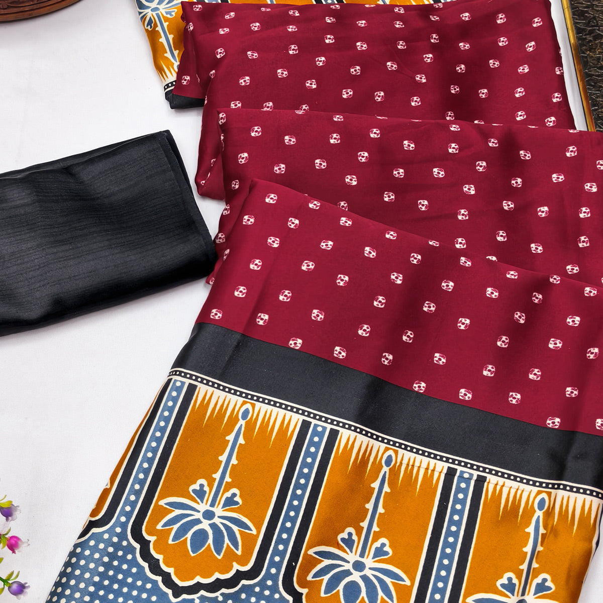 Classic Maroon Crepe Silk Saree Enhanced with Bandhani Work for Timeless Appeal