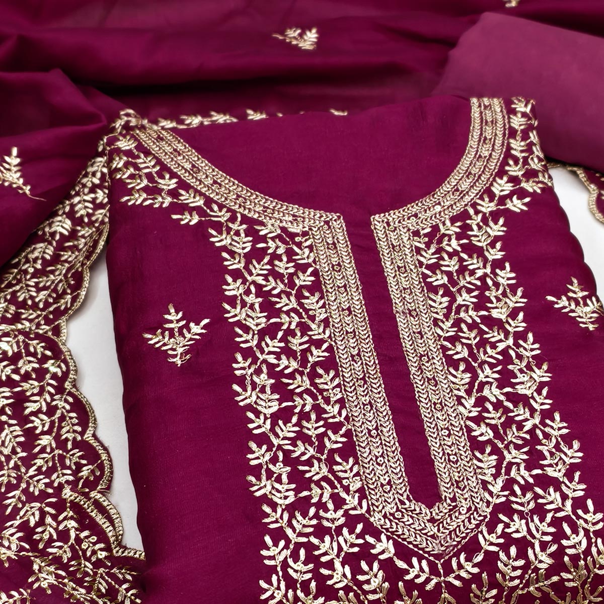 Elegant Dark Rani Pink Zari Embroidery & Sequins Embellished Vichitra Silk Dress Material