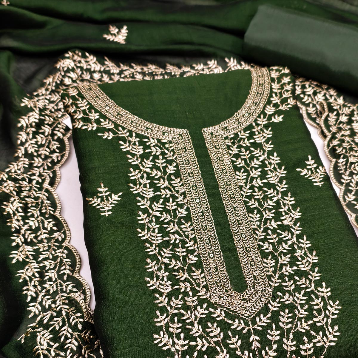 Elegant Green Zari Embroidery & Sequins Embellished Vichitra Silk Dress Material