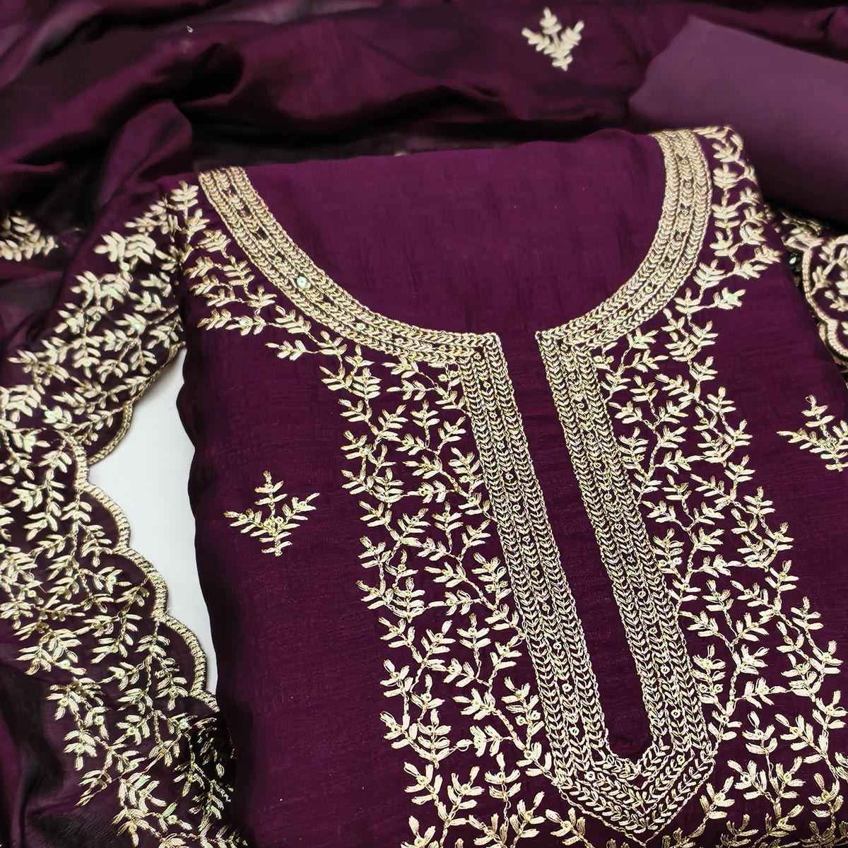 Elegant Wine Zari Embroidery & Sequins Embellished Vichitra Silk Dress Material