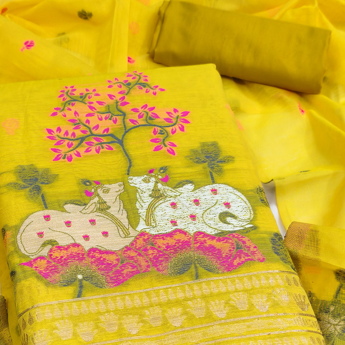 Premium Lemon Yellow Chanderi Silk Weaving Dress Material With Artistic Floral & Animal Motifs