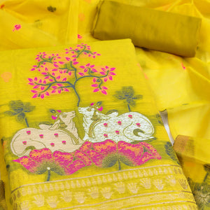 Premium Lemon Yellow Chanderi Silk Weaving Dress Material With Artistic Floral & Animal Motifs