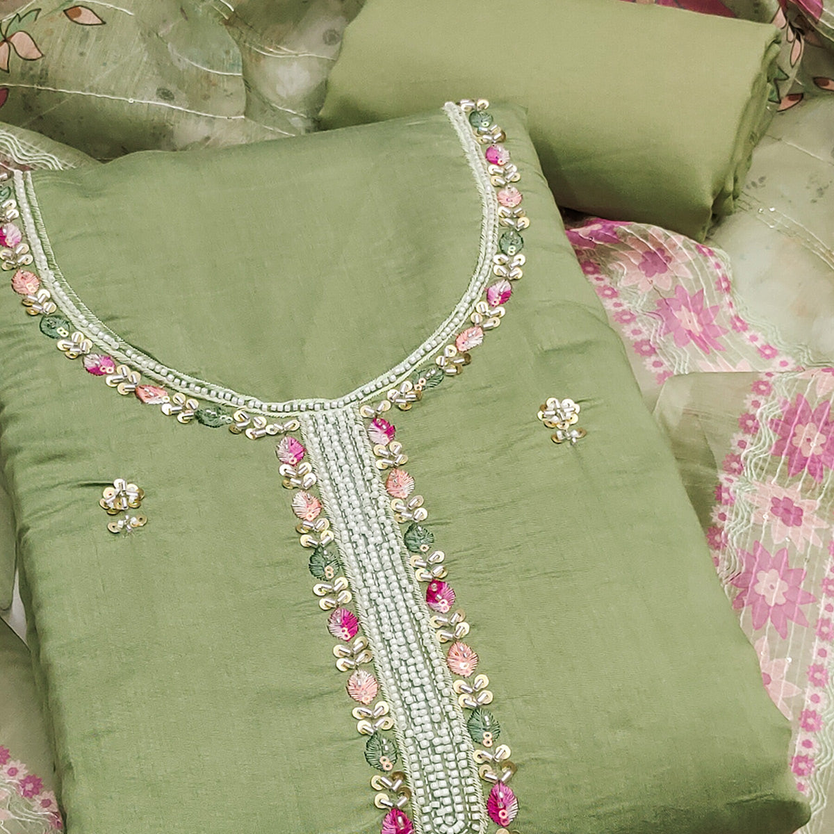 Green Embroidered Chanderi Silk Unstitched Dress Material with Delicate Beads Work