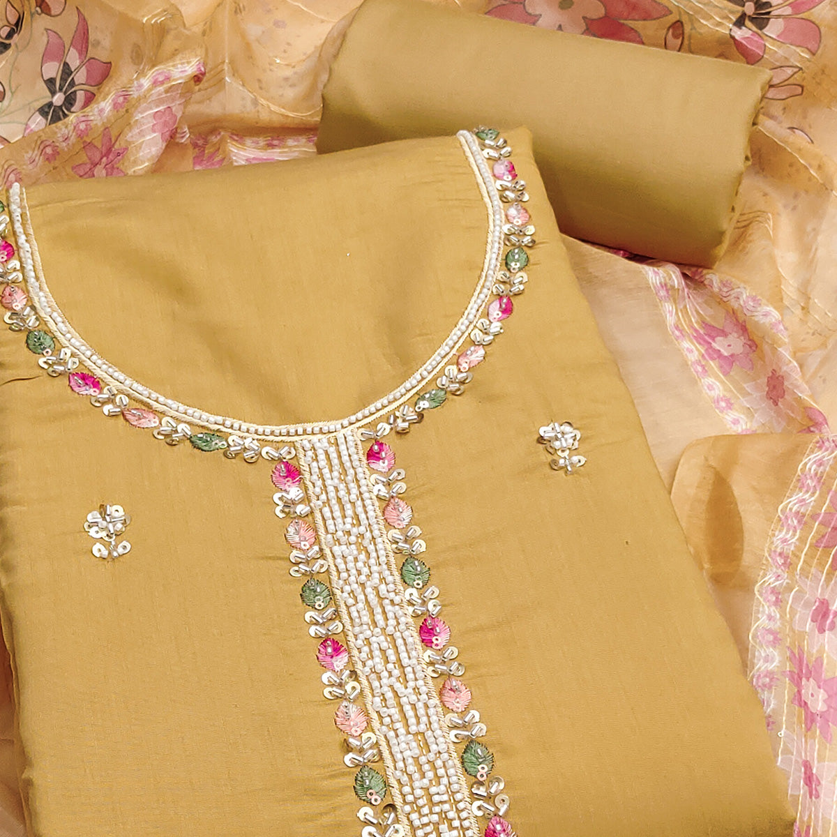 Mustard Embroidered Chanderi Silk Unstitched Dress Material with Delicate Beads Work