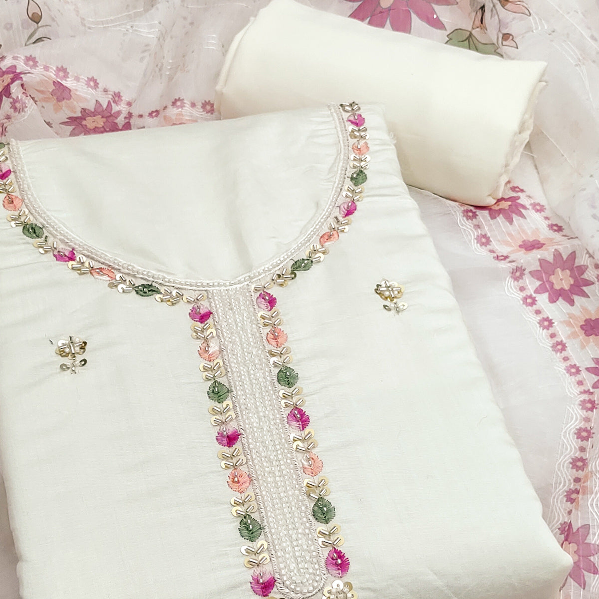 White Embroidered Chanderi Silk Unstitched Dress Material with Delicate Beads Work