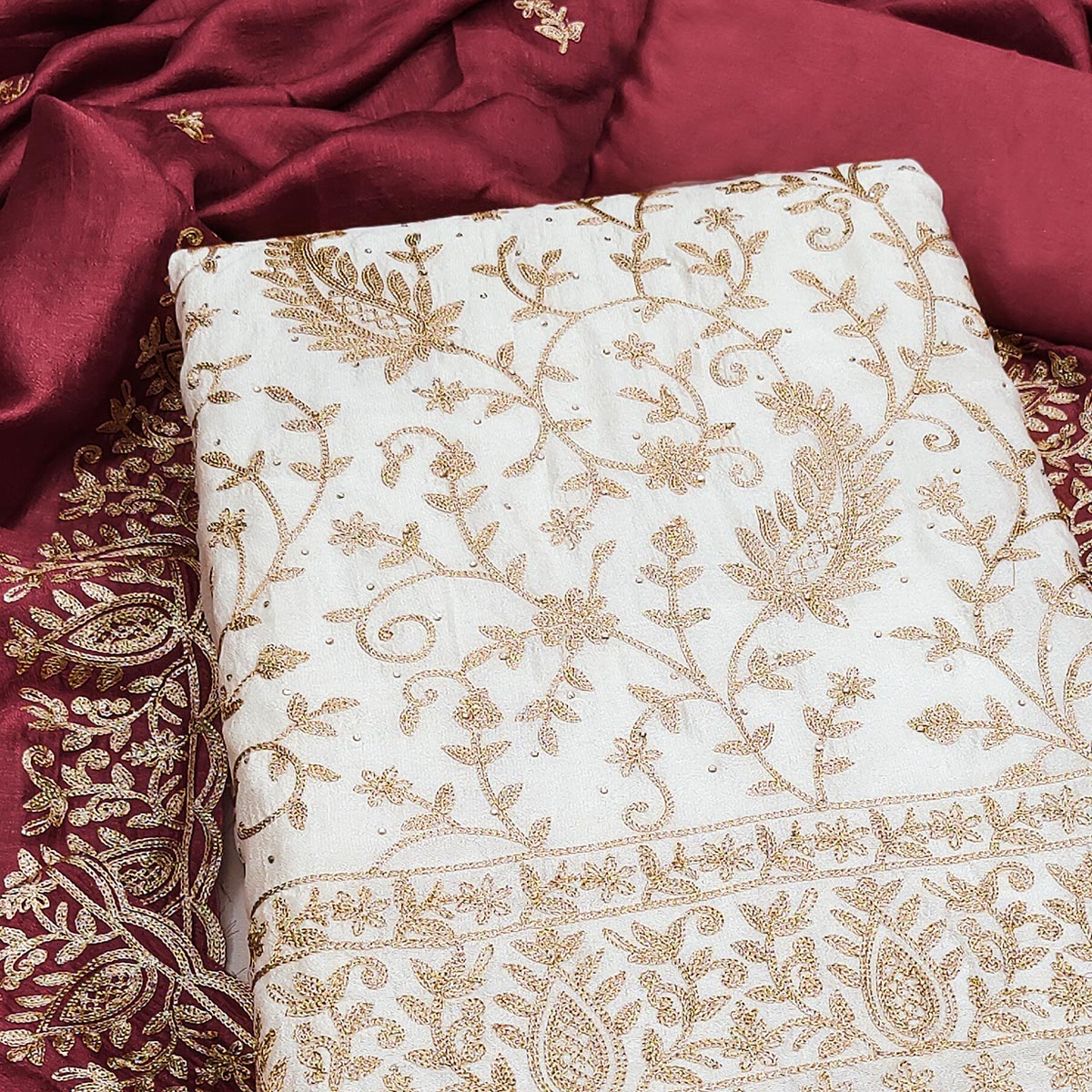 Cream & Maroon Lustrous Vichitra Silk Dress Material Accented with Artistic Thread Embroidery