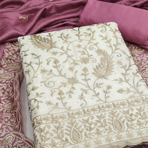 Cream & Mauve Lustrous Vichitra Silk Dress Material Accented with Artistic Thread Embroidery