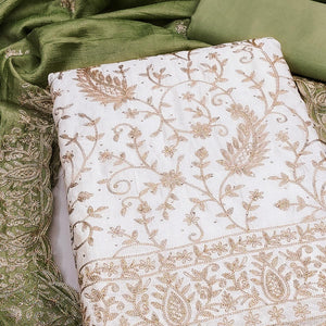 Cream & Green Lustrous Vichitra Silk Dress Material Accented with Artistic Thread Embroidery