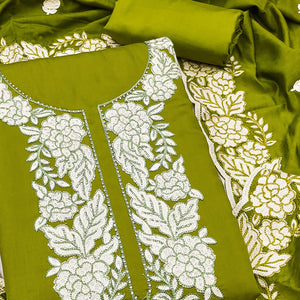 Mehendi Green Rich Viscose Dress Material Highlighted with Refined Floral Thread Embroidery