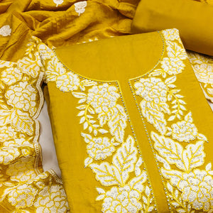Mustard Rich Viscose Dress Material Highlighted with Refined Floral Thread Embroidery