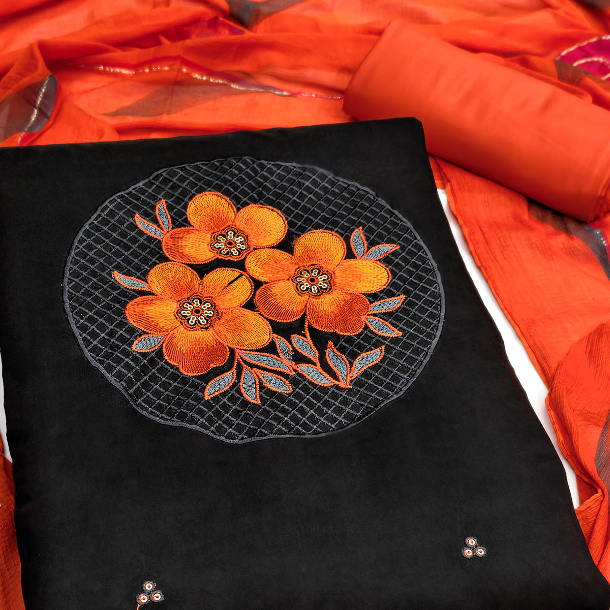 Black Designer Viscose Dress Material Featuring Intricate Floral Embroidered Detailing