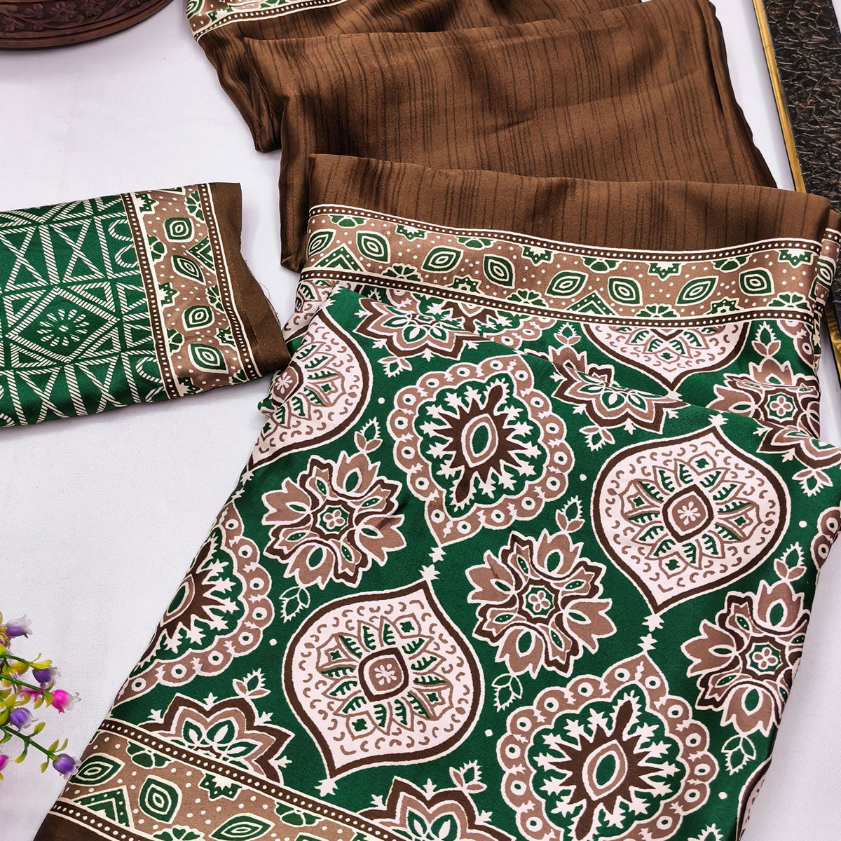Brown Premium Crepe Silk Lightweight Saree Adorned with Classic Ajrakh Patterns