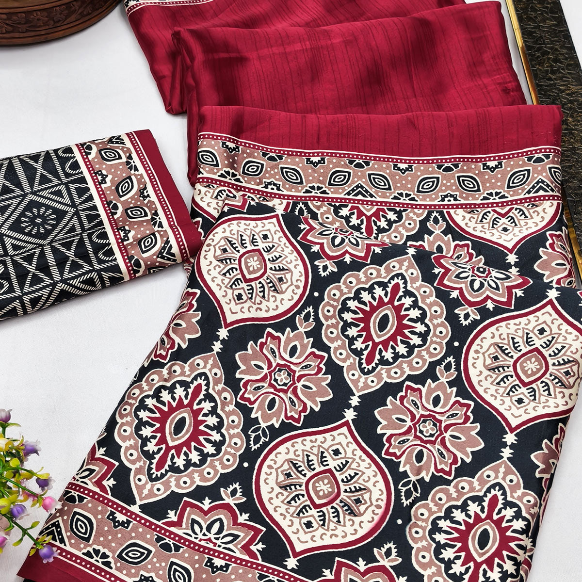 Maroon Premium Crepe Silk Lightweight Saree Adorned with Classic Ajrakh Patterns