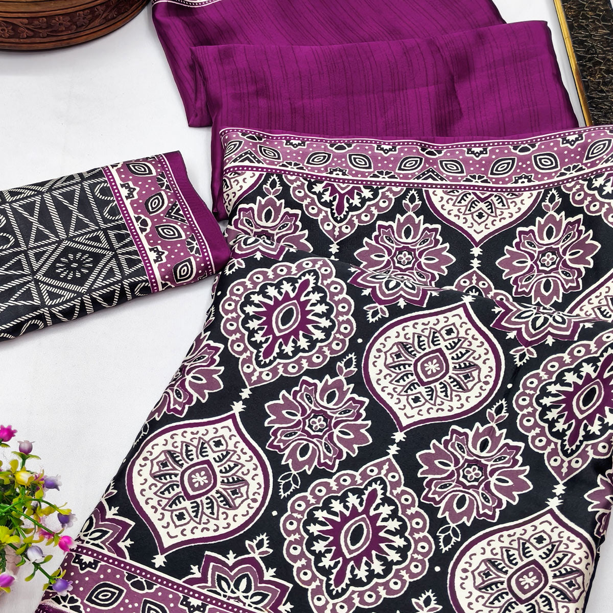 Purple Premium Crepe Silk Lightweight Saree Adorned with Classic Ajrakh Patterns