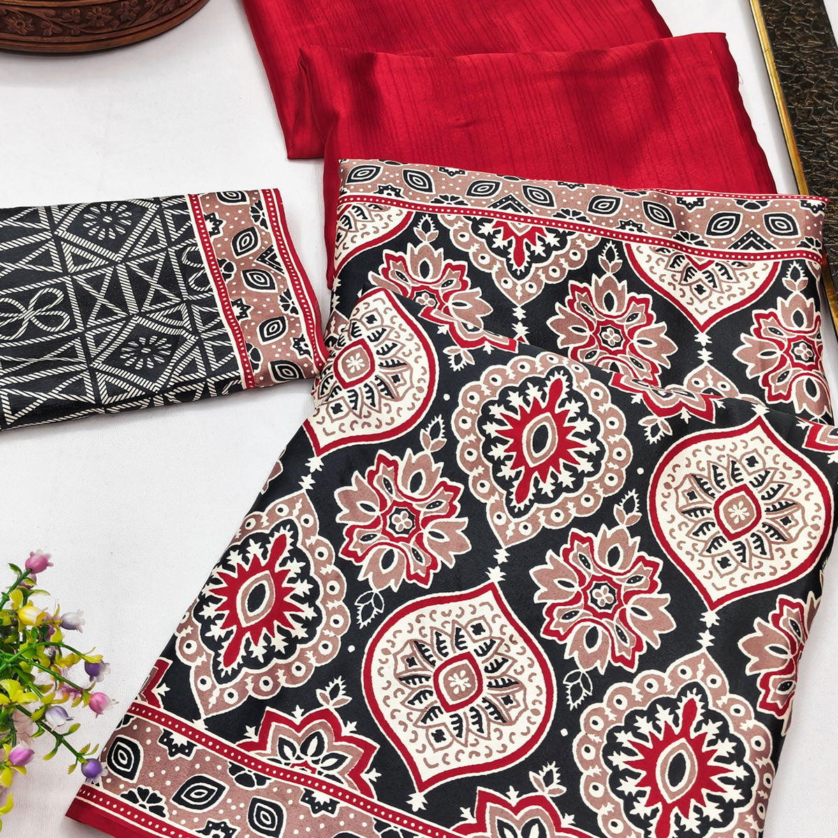 Red Premium Crepe Silk Lightweight Saree Adorned with Classic Ajrakh Patterns