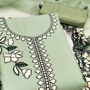 Graceful Green Floral Viscose Dress Material Enhanced With Intricate Thread Embroidery Work