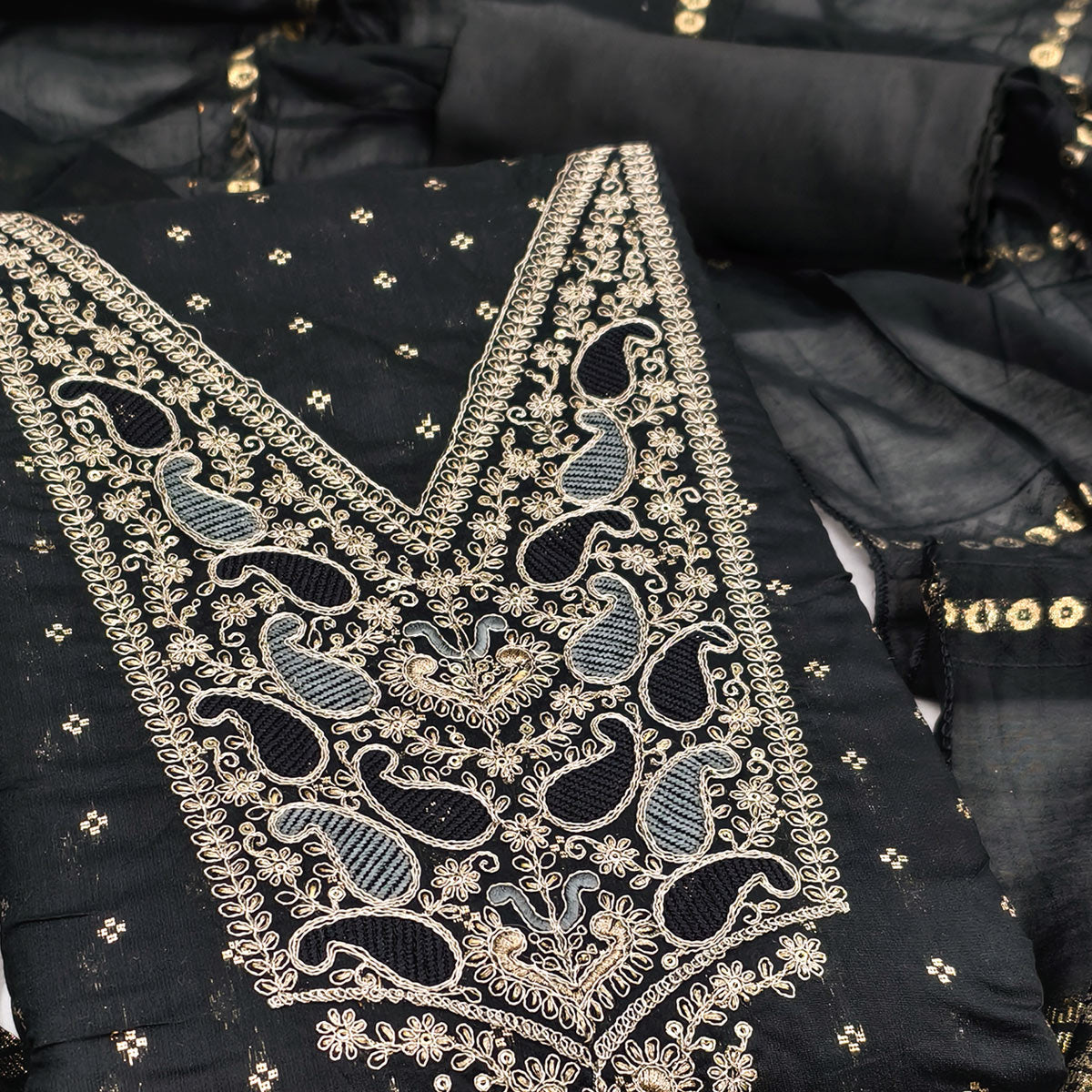 Black Weaving Chanderi Silk Dress Material Adorned With Cording Embroidery & Sequins Work