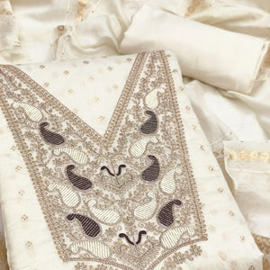 Cream Weaving Chanderi Silk Dress Material Adorned With Cording Embroidery & Sequins Work