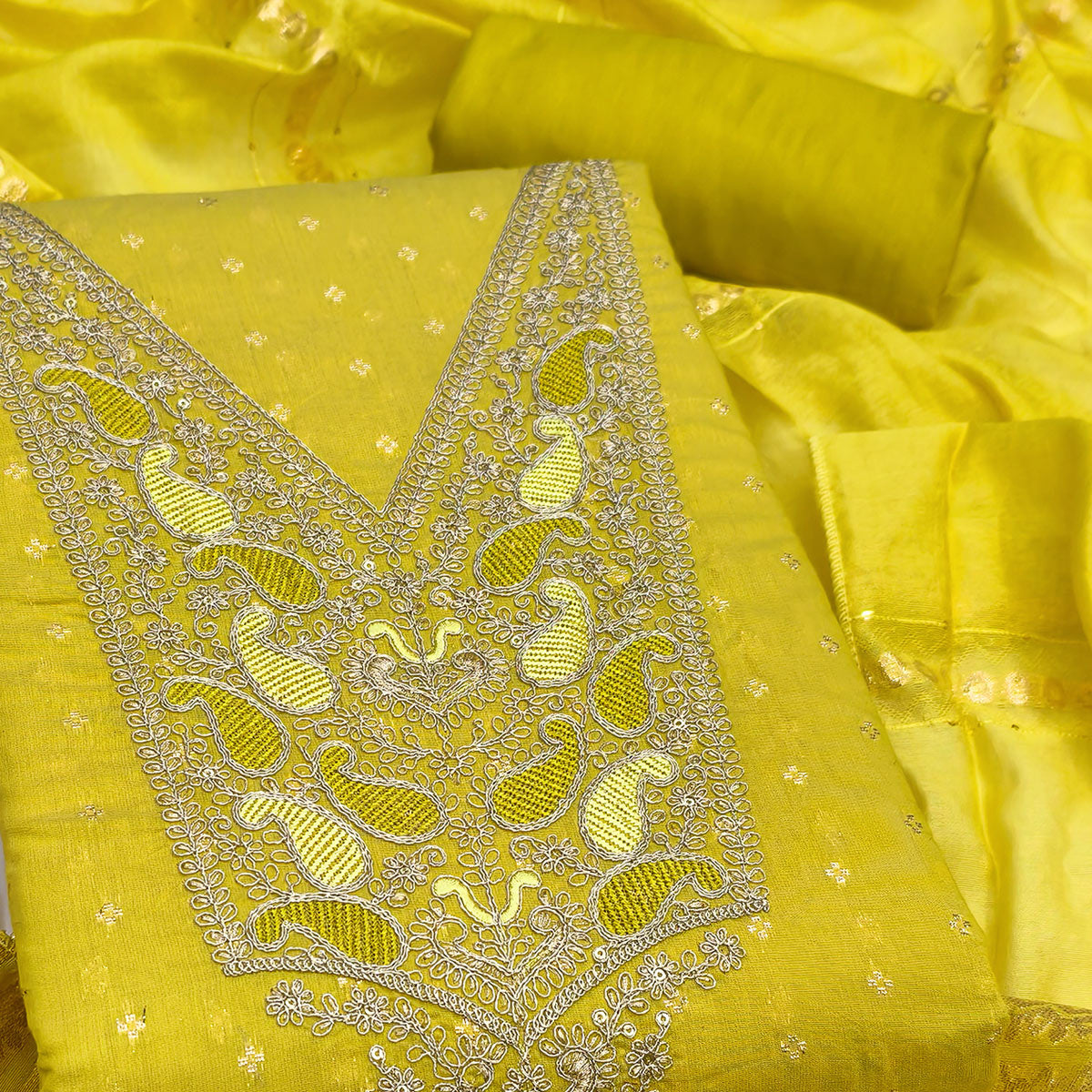 Lemon Yellow Weaving Chanderi Silk Dress Material Adorned With Cording Embroidery & Sequins Work
