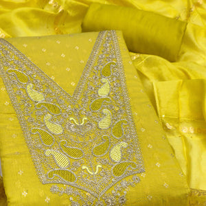 Lemon Yellow Weaving Chanderi Silk Dress Material Adorned With Cording Embroidery & Sequins Work