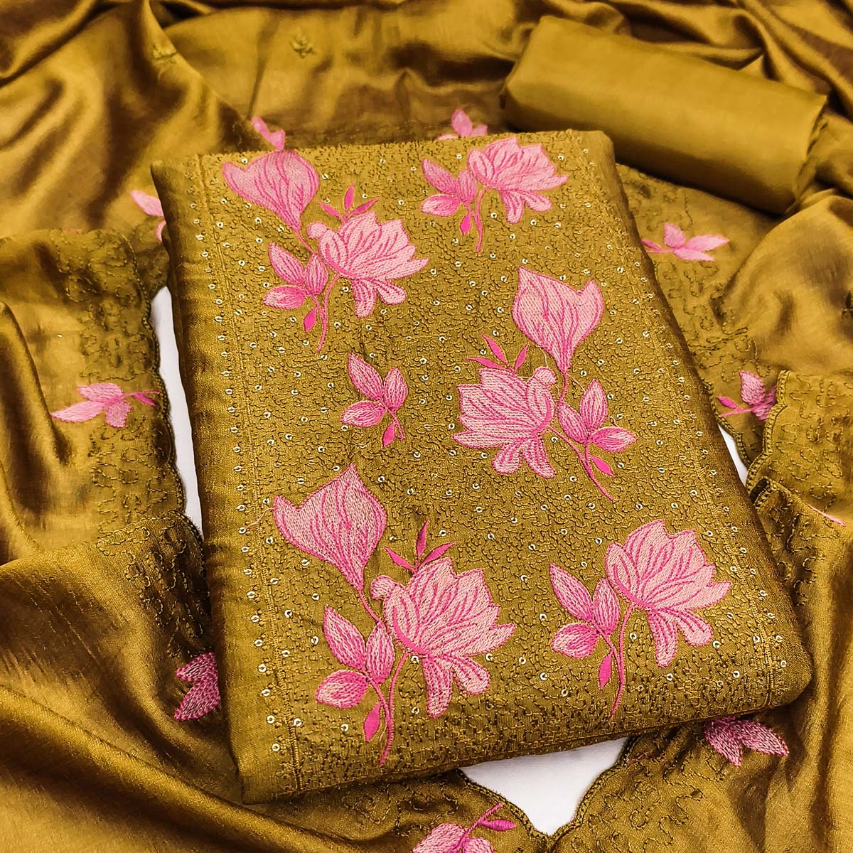 Mustard Floral Embroidered Vichitra Silk Dress Material for Elegant Ethnic Styling