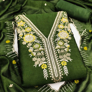 Green Premium Vichitra Silk Dress Material Featuring Delicate Floral Embroidered Detailing