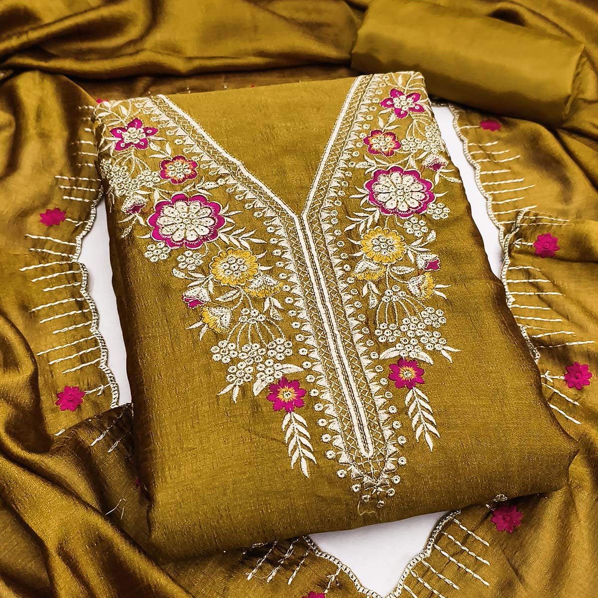 Mustard Premium Vichitra Silk Dress Material Featuring Delicate Floral Embroidered Detailing