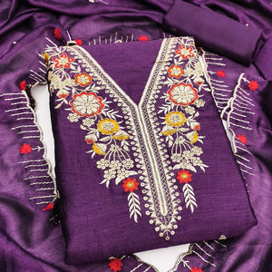 Purple Premium Vichitra Silk Dress Material Featuring Delicate Floral Embroidered Detailing