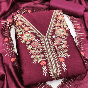 Wine Premium Vichitra Silk Dress Material Featuring Delicate Floral Embroidered Detailing