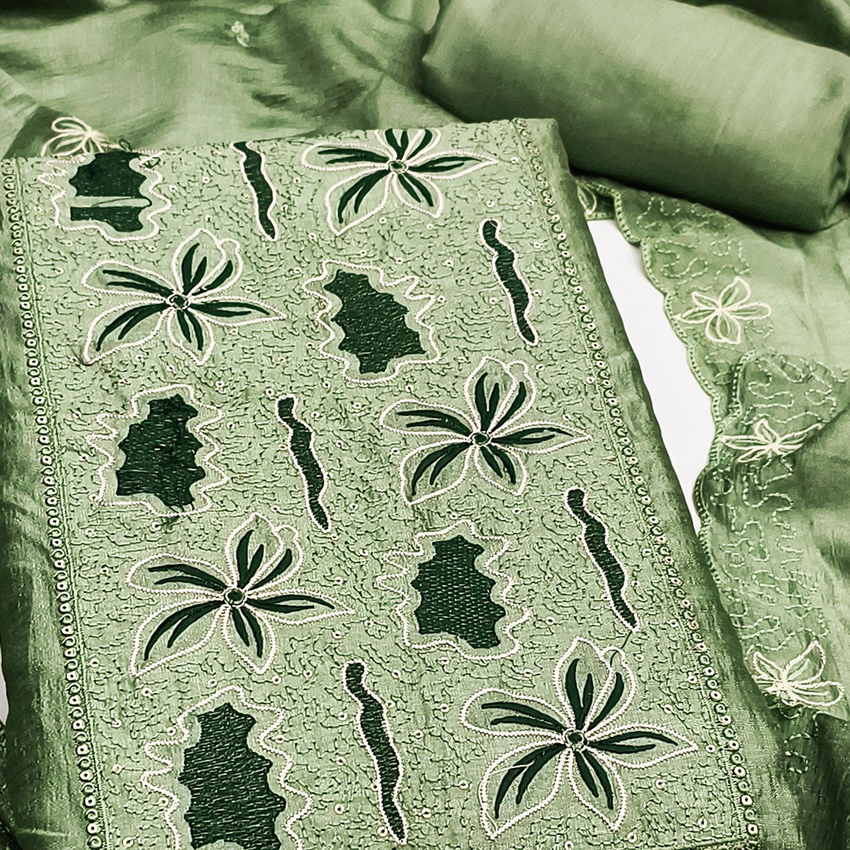 Green Floral Embroidery Enhanced Vichitra Silk Fabric Set for Stylish Traditional Outfits