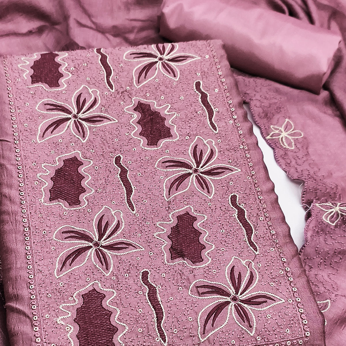 Mauve Floral Embroidery Enhanced Vichitra Silk Fabric Set for Stylish Traditional Outfits