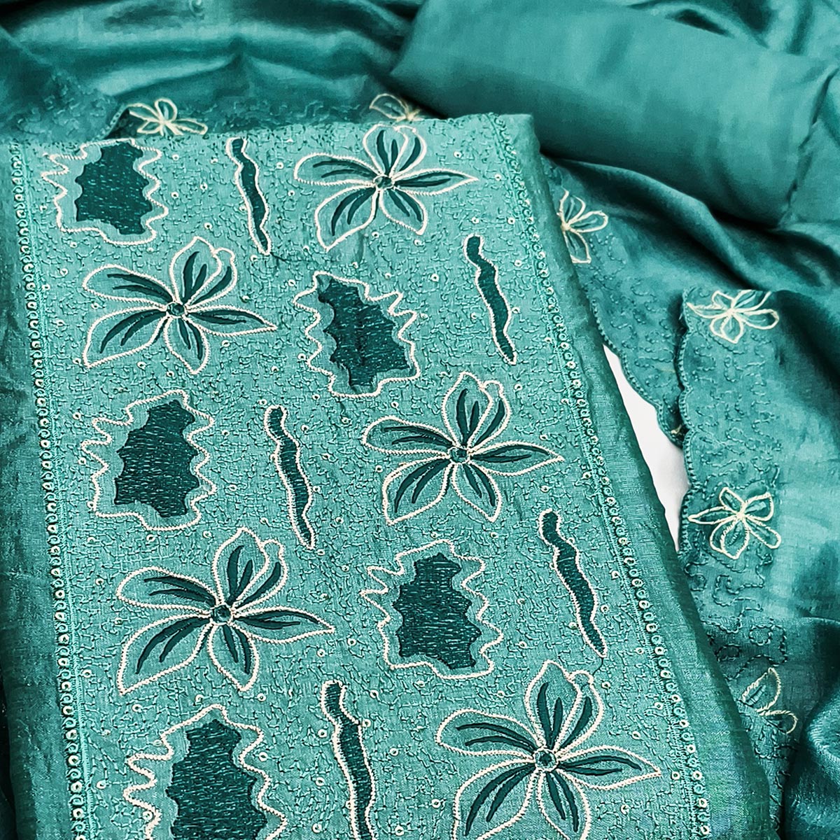 Teal Green Floral Embroidery Enhanced Vichitra Silk Fabric Set for Stylish Traditional Outfits