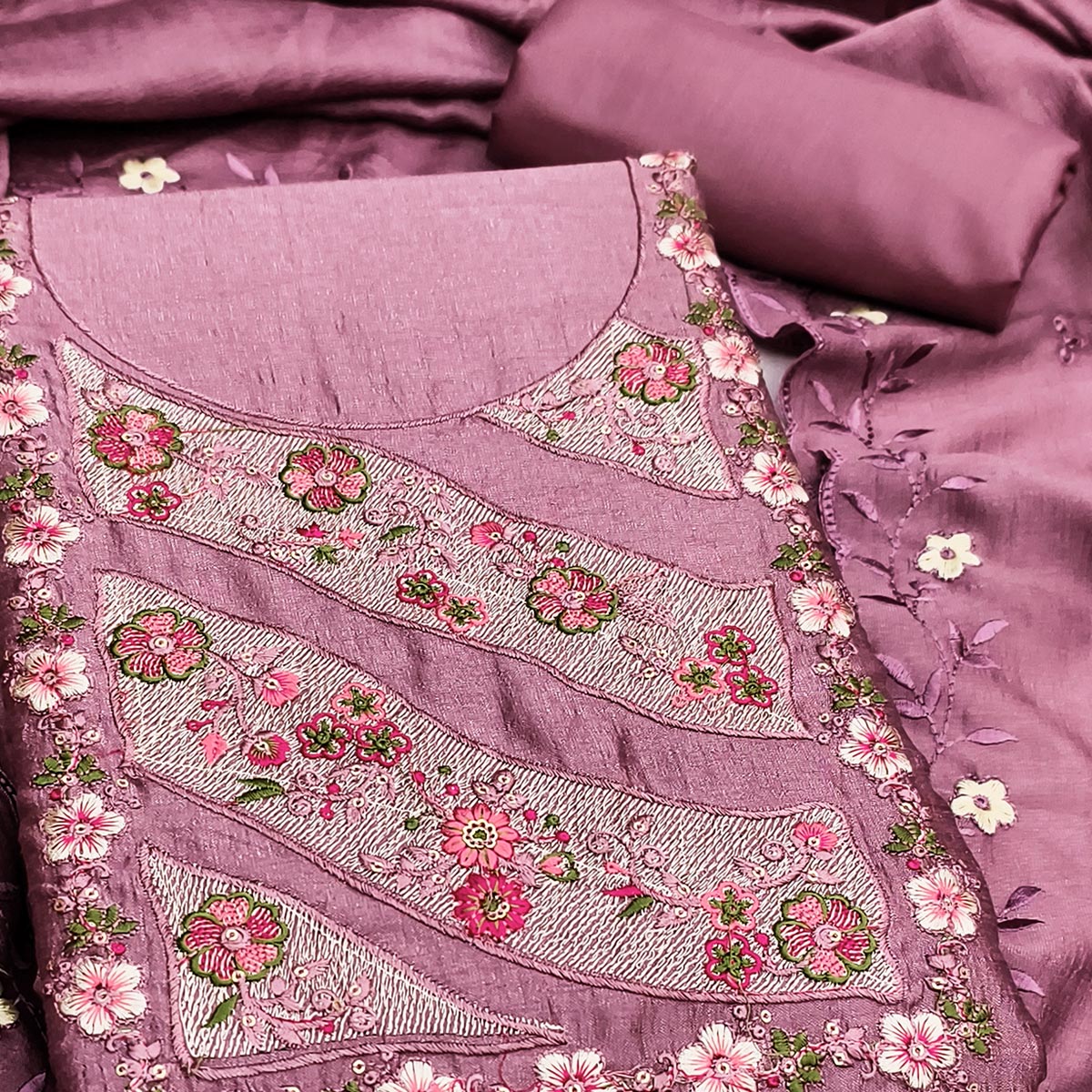 Mauve Embellished Vichitra Silk Dress Material with Graceful Floral Embroidery Work